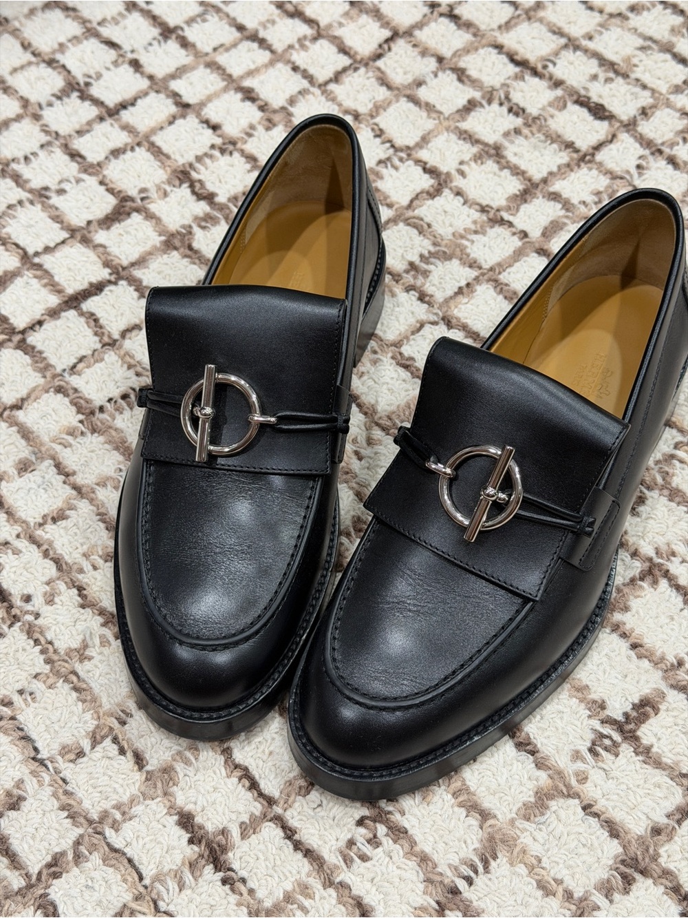 Hermes Black Leather Women's Loafers with Silver Ring Hardware